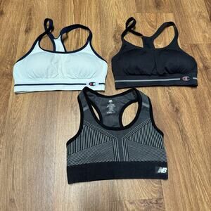 Set of 3 Girls Champion New Balance Sports Bras Size Small/8-10 Black White Gray